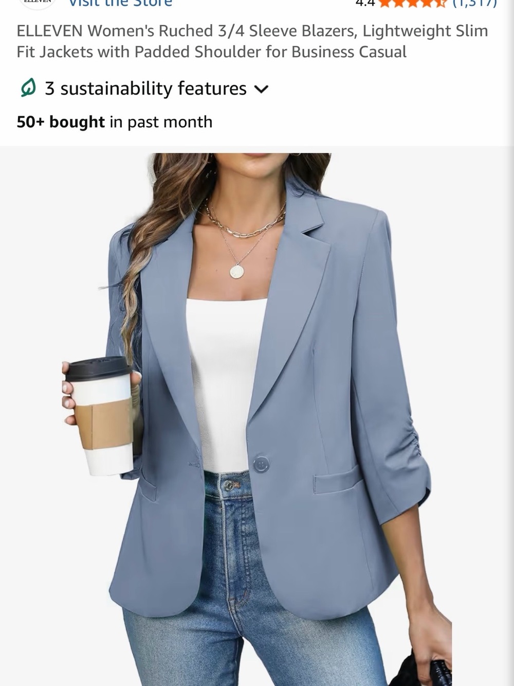 Amazon Light Blue 3/4 Sleeve Ruched Blazer Jacket